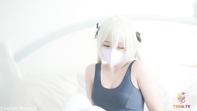 White-haired JAV cosplay girl in tight navy tank top and mask on bed