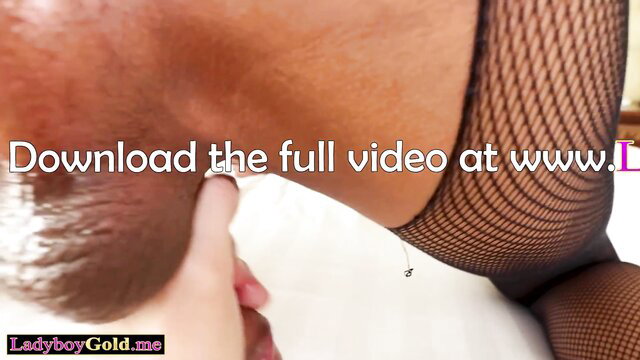 Tall Thai ladyboy teen Natty in fishnet stockings offers tight ass closeup