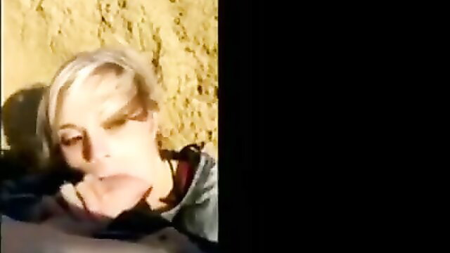 Short haired blonde college girl gives outdoor hiking blowjob