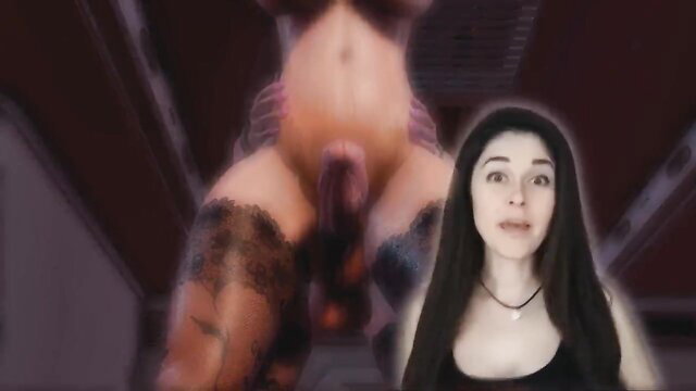 Dark-haired woman shocked by giant futa shemale cock in 3D hentai