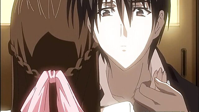 Anime hentai couple in intimate missionary embrace, big tits tease