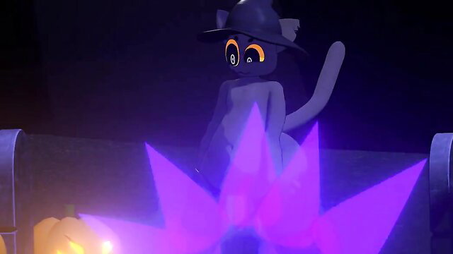 3D animated black catgirl witch in sexy Halloween pose with glowing purple stars