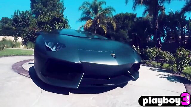 Sleek matte black Lamborghini Aventador on driveway, Playboy TV logo