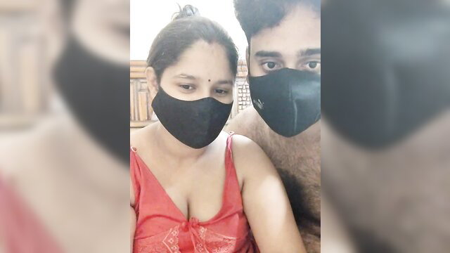 Indo Couple masked selfie, hot wife in red tank top flashing big tits