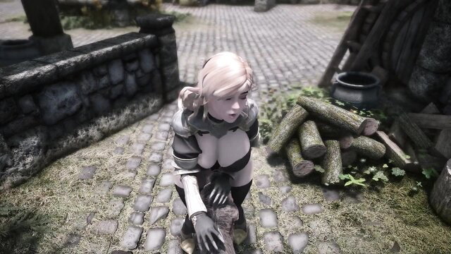 Blonde anime girl in skimpy armor kneeling in town, sexy fantasy tease