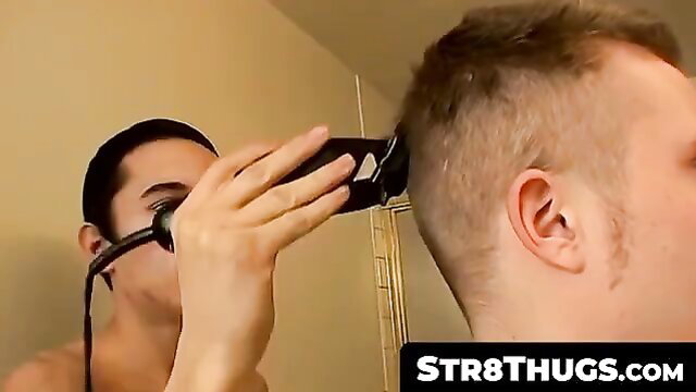 Str8Thugs Wiley buzzcut shaves buddy Billy's head in amateur bro hangout