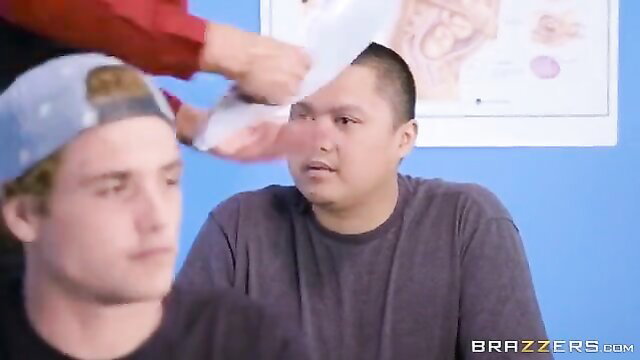 Glamorous teacher with big tits seduces students in classroom