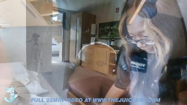 Hotel manager EboBlack investigates noise in tight black top, long blonde hair