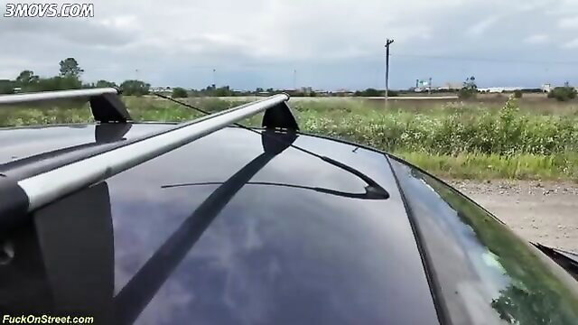 Skinny shy teen POV car roof rack ride, outdoor amateur tease