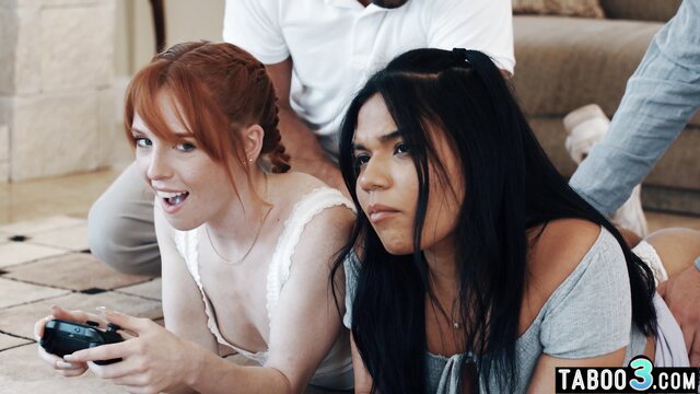 Redhead and Latina BFFs with stepdads on couch gaming taboo