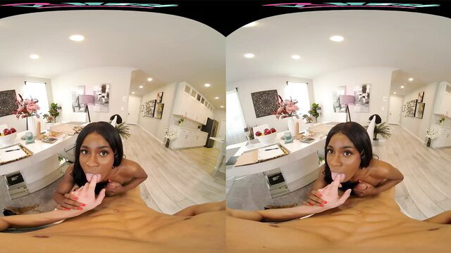 Stunning black babe Kitt in VR POV titjob, nude kitchen tease