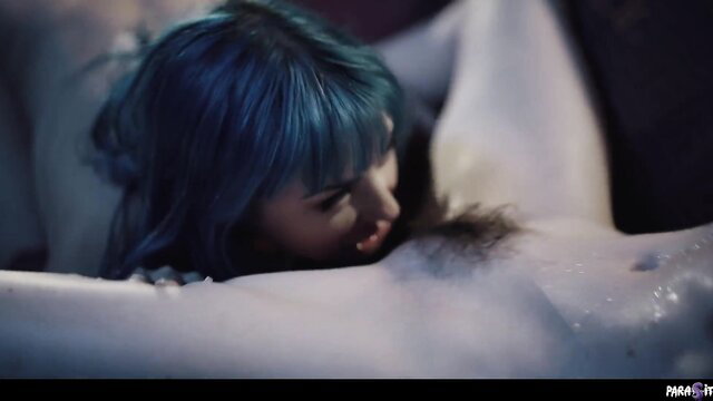 Hazel Moore with blue hair performs oral on hairy man in Parasited scene