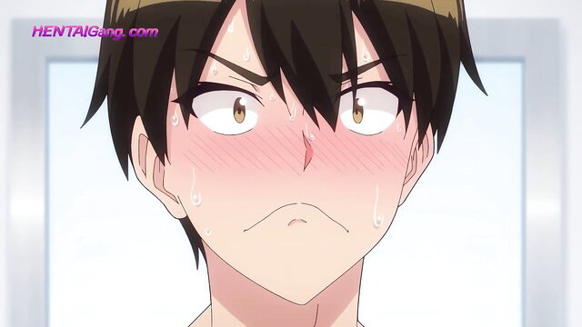 Blushing anime boy with flushed face sweating intensely, Lilith hentai closeup