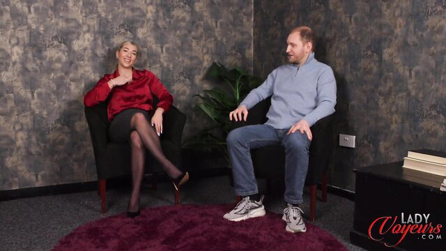 Ella Jay in red blouse black skirt stockings with old young guys