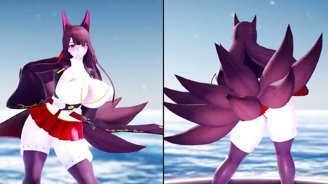 Sexy Akagi fox girl in Helltaker dance, big tits, huge tails, skimpy skirt