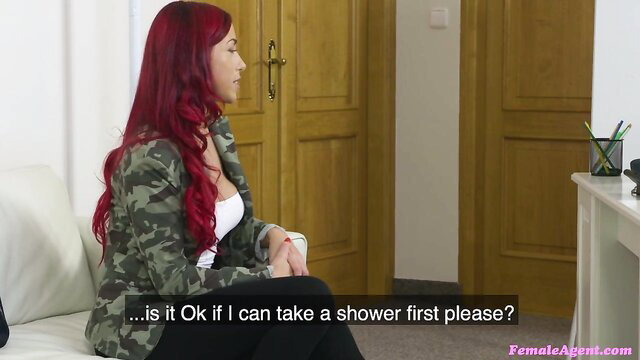 Redhead Anne Wild in camo top asks for shower in casting