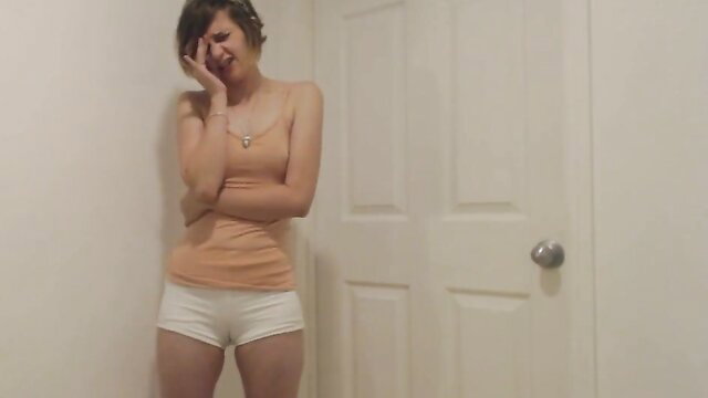 Mercy West locked out bathroom, desperate pee hold in tank top shorts