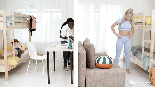 Miss Sally in tight blue leggings with black guy in bunk bed dorm