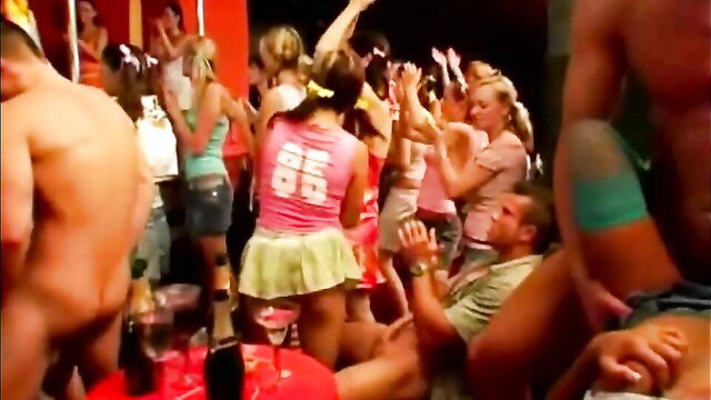 Drunk college orgy with hot blondes dancing on buff guys