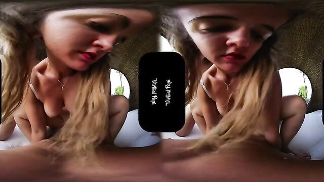 Blonde teen in POV closeup, big tits exposed, seductive gaze