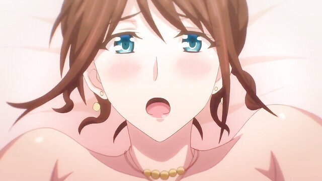 Stunned anime girl with blue eyes, open mouth, flushed cheeks in bed