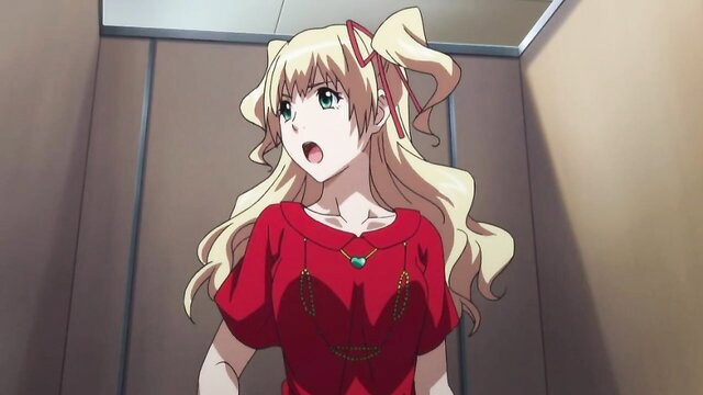 Blonde anime girl with twintails in red dress, surprised expression