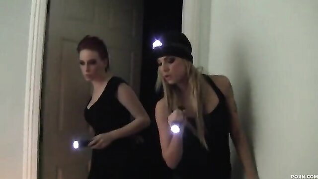 Zoey Nixon and blonde in FFM threesome with flashlights and headlamp
