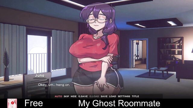 Purple-haired ghost girl Juno with huge tits in tight crop top and shorts