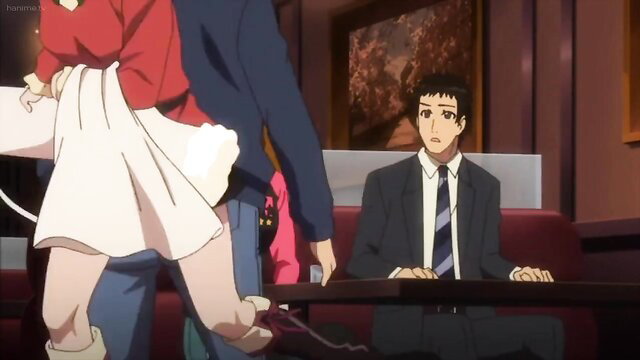 Anime JAV girl lifting skirt flashing panties to suited guy in Kichiku Ep.2