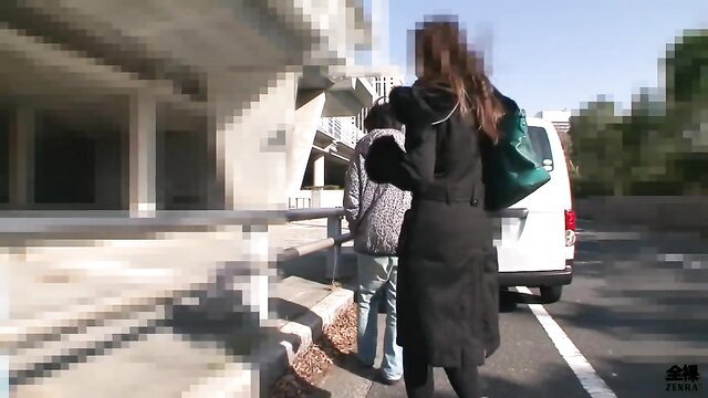 Japanese MILF in black coat and green bag walks to van with girl in forest parking