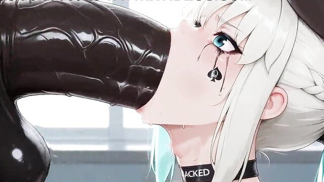 White anime girl with white hair deepthroating huge black dildo, tears streaming