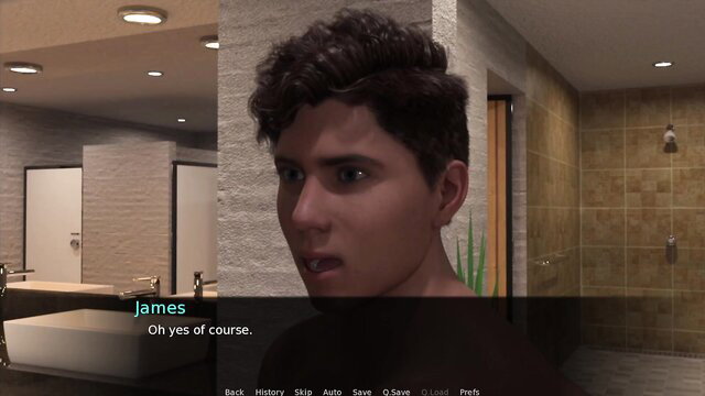 Curly-haired twink James smirks in steamy shower room, Maayon Plays