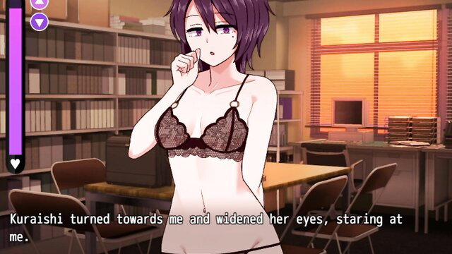 Purple-haired anime girl Kuraishi in black lace lingerie, wide-eyed shock