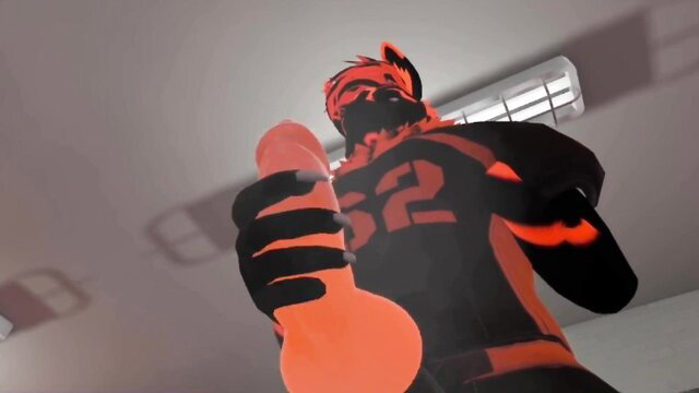 Musky furry football player #32 holds massive glowing dildo in locker room