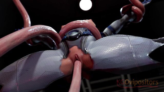 Sci-fi robot babe oviposited by tentacles in futuristic suit