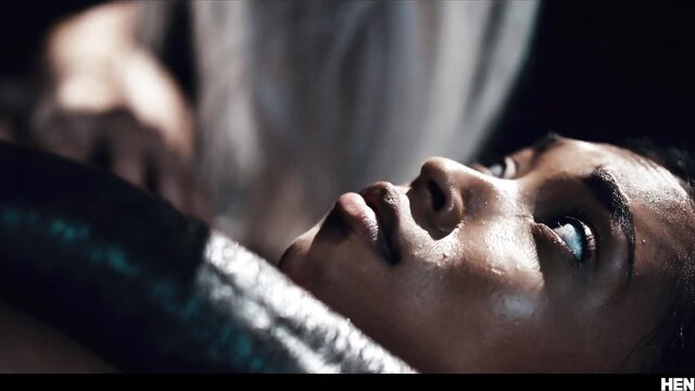 Barbie Rous oiled skin glistening, intense gaze in erotic hentai scene