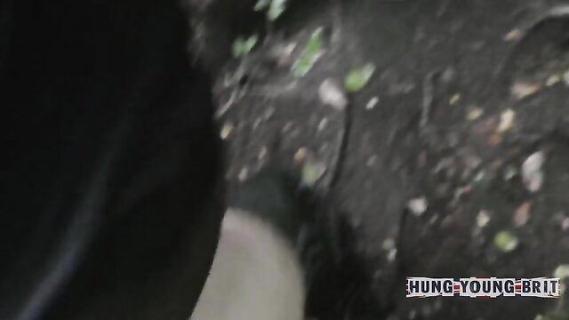 Hung Young Brit outdoor fuck: guy gagging on huge cock as dog walker nears