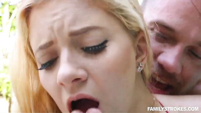Blonde teen grimacing in ecstasy as man grabs her from behind, hardcore FamilyStrokes fuck