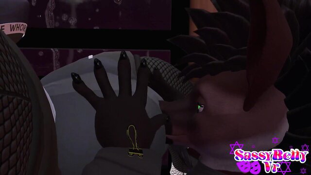 Sassy Belly VR dragon furry teases with hand near mouth for creampie