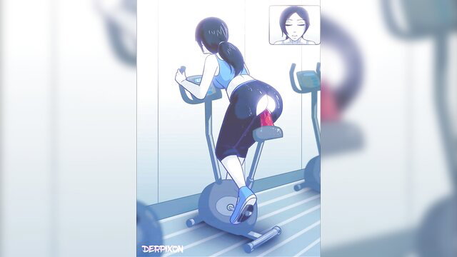 Asian hentai girl in tight shorts on exercise bike, big ass upskirt view