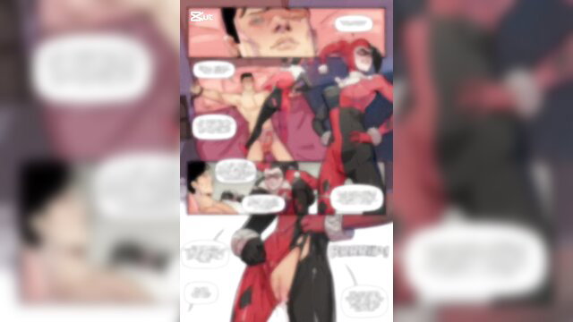 Harley Quinn cosplay threesome with redhead sucking big cock closeup