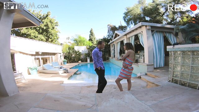 Kristen Scott in sundress chats with stepdad by pool Spy Fam