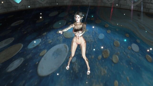 Chaste elven priestess in skimpy gold lingerie tempts fertility ritual