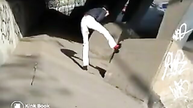 Dany in white pants messy accident public pantsing at graffiti tunnel