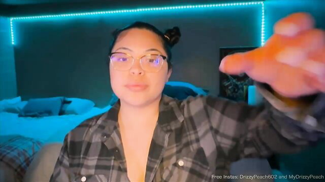 Drizzypeach602 Asian camgirl in plaid shirt, topless tease, neon room