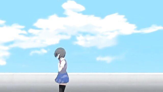 Anime girl in school uniform and stockings on rooftop under blue sky