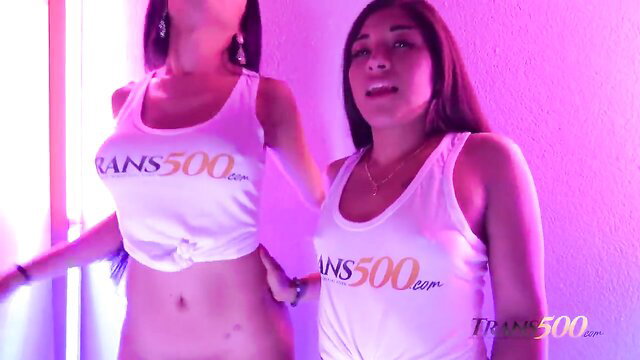 Two busty Latin trans babes in tight tanks tease for threesome