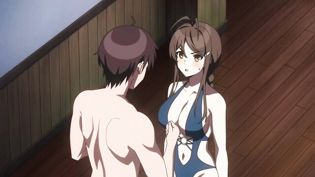 Ecchi anime couple: busty brunette in slingshot bikini gropes nude guy