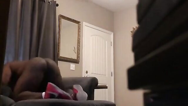 Ebony amateur bent over couch, big ass exposed in breeding gangbang