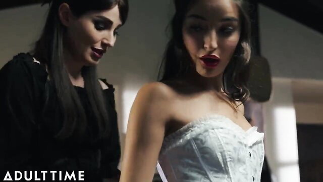 Natalie Mars in black outfits Emily Willis in white corset closeup